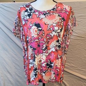 Anthropologie Zofana Top with Flutter Sleeves in Pink Combo Women’s Plus Size 2X